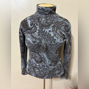 Escape Cashmere Blend Mock Neck Paisley Print Grey Top Size Small